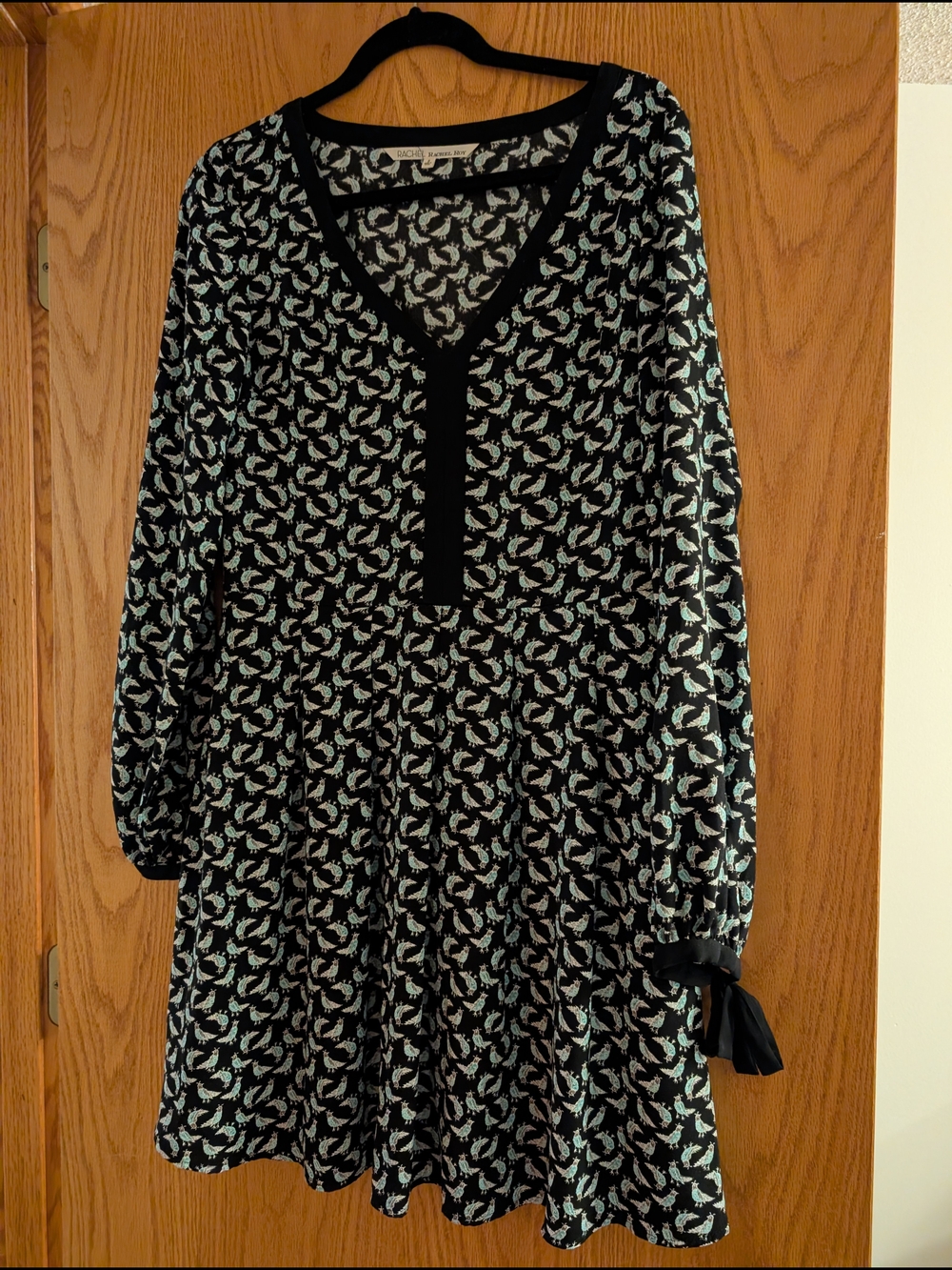 Rachel Roy Black V-Neck Long Sleeve Mini Dress with Birds